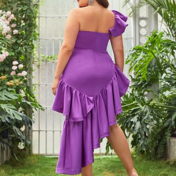 NWOT One Shoulder Ruffle Trim Asymmetrical Hem Dress - Picture 3 of 4